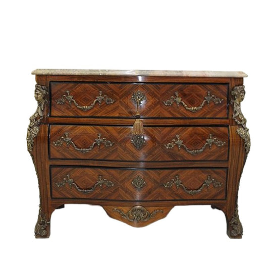 Antique Louis XV Chest of Drawers with Bronzes and Veined Beige Marble Stone