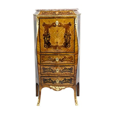 Antique Louis XV Style French Rosewood and Brass Secretaire with Marble Top-WFJ-721955