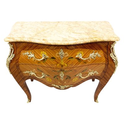 Antique Louis XV Style Rosewood and Brass Chest of Drawers with Marble Top-WFJ-722046