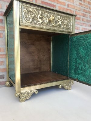 Antique Louis XVI Bronze Vitrine Nightstands with Green Glass Doors and Drawer, Set of 2-NOU-686583