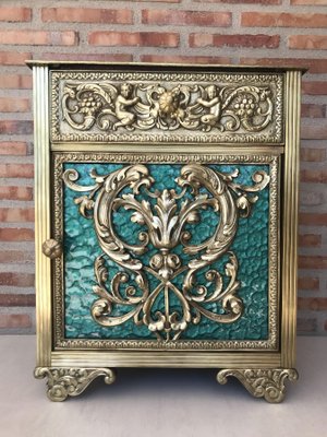 Antique Louis XVI Bronze Vitrine Nightstands with Green Glass Doors and Drawer, Set of 2-NOU-686583