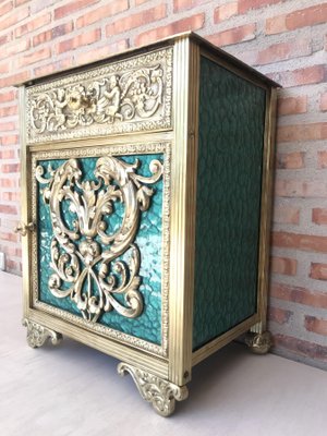 Antique Louis XVI Bronze Vitrine Nightstands with Green Glass Doors and Drawer, Set of 2-NOU-686583