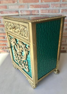 Antique Louis XVI Bronze Vitrine Nightstands with Green Glass Doors and Drawer, Set of 2-NOU-686583