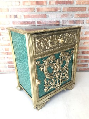 Antique Louis XVI Bronze Vitrine Nightstands with Green Glass Doors and Drawer, Set of 2-NOU-686583