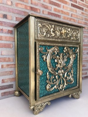 Antique Louis XVI Bronze Vitrine Nightstands with Green Glass Doors and Drawer, Set of 2-NOU-686583