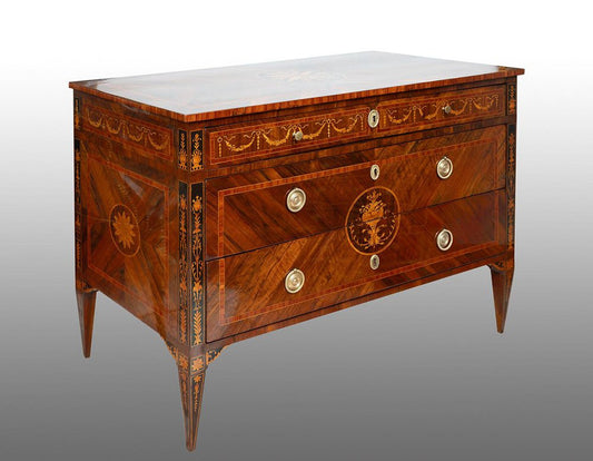 Antique Louis XVI Lombardy Veneto Chest of Drawers in Fine Woods, 18th Century