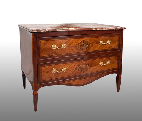 Antique Louis XVI Neapolitan Chest of Drawers in Exotic Woods with Marble Top-KKK-1285348