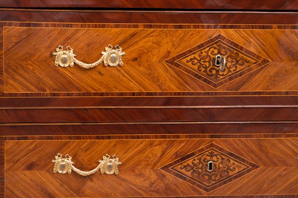 Antique Louis XVI Neapolitan Chest of Drawers in Exotic Woods with Marble Top-KKK-1285348