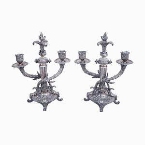 Antique Louis XVI Silver-Plated Metal Candleholders, Set of 2-CEJ-488263