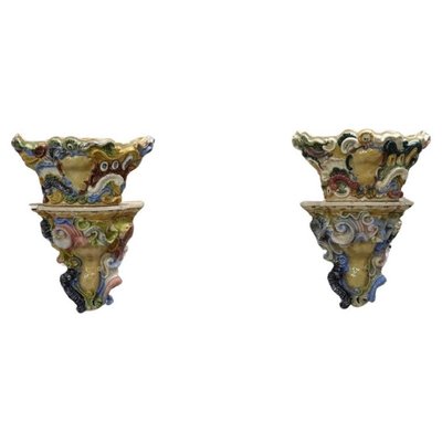 Antique Majolica Wall Vases, Late 19th Century, Set of 2-DCO-1793135