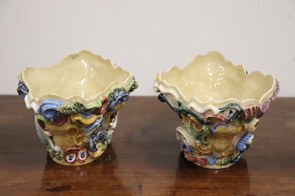 Antique Majolica Wall Vases, Late 19th Century, Set of 2-DCO-1793135