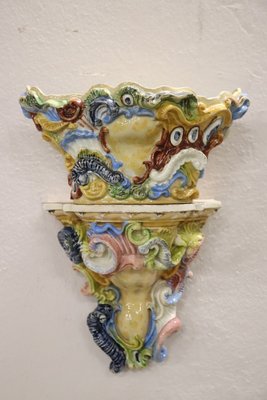 Antique Majolica Wall Vases, Late 19th Century, Set of 2-DCO-1793135