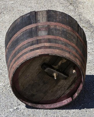 Antique Metal & Wood Barrel with 4 Metal Bands and Tap, Italy, 1900s