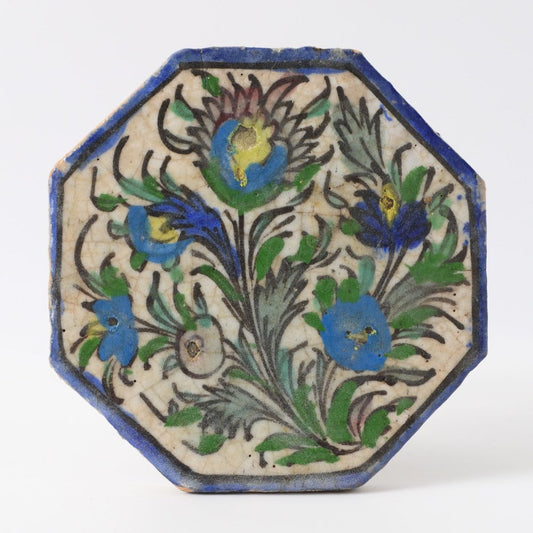 Antique Middle Eastern Qajar Dynasty Octagonal Pottery Tile, 19th Century