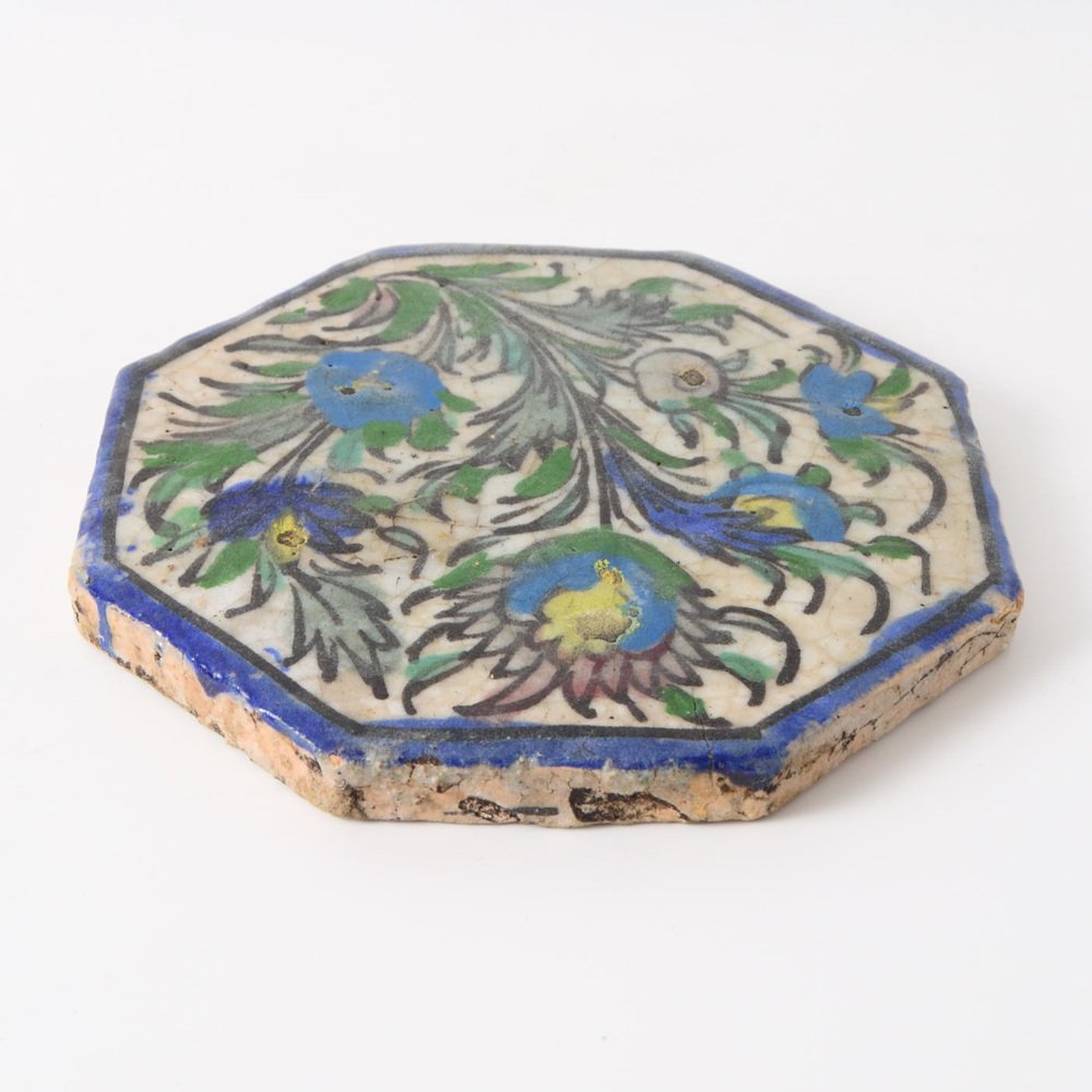 Antique Middle Eastern Qajar Dynasty Octagonal Pottery Tile, 19th Century