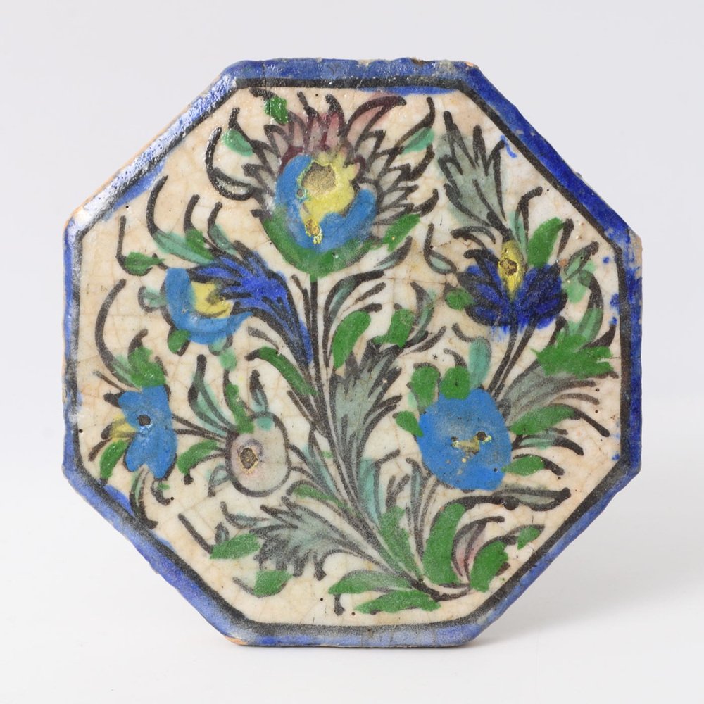 Antique Middle Eastern Qajar Dynasty Octagonal Pottery Tile, 19th Century