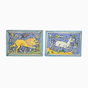 Antique Middle Eastern Qajar Dynasty Pottery Tiles, Set of 2-IXK-949696