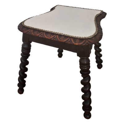 Antique Needlepoint & Carved Beveled Top Barley Twist Legs Stool-EUP-1241590