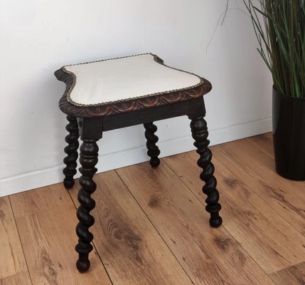 Antique Needlepoint & Carved Beveled Top Barley Twist Legs Stool-EUP-1241590