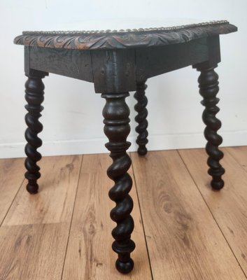 Antique Needlepoint & Carved Beveled Top Barley Twist Legs Stool-EUP-1241590