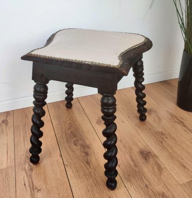 Antique Needlepoint & Carved Beveled Top Barley Twist Legs Stool-EUP-1241590