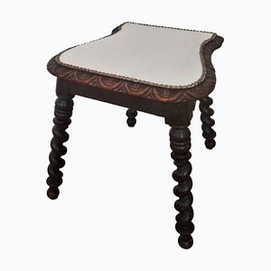 Antique Needlepoint & Carved Beveled Top Barley Twist Legs Stool-EUP-1241590