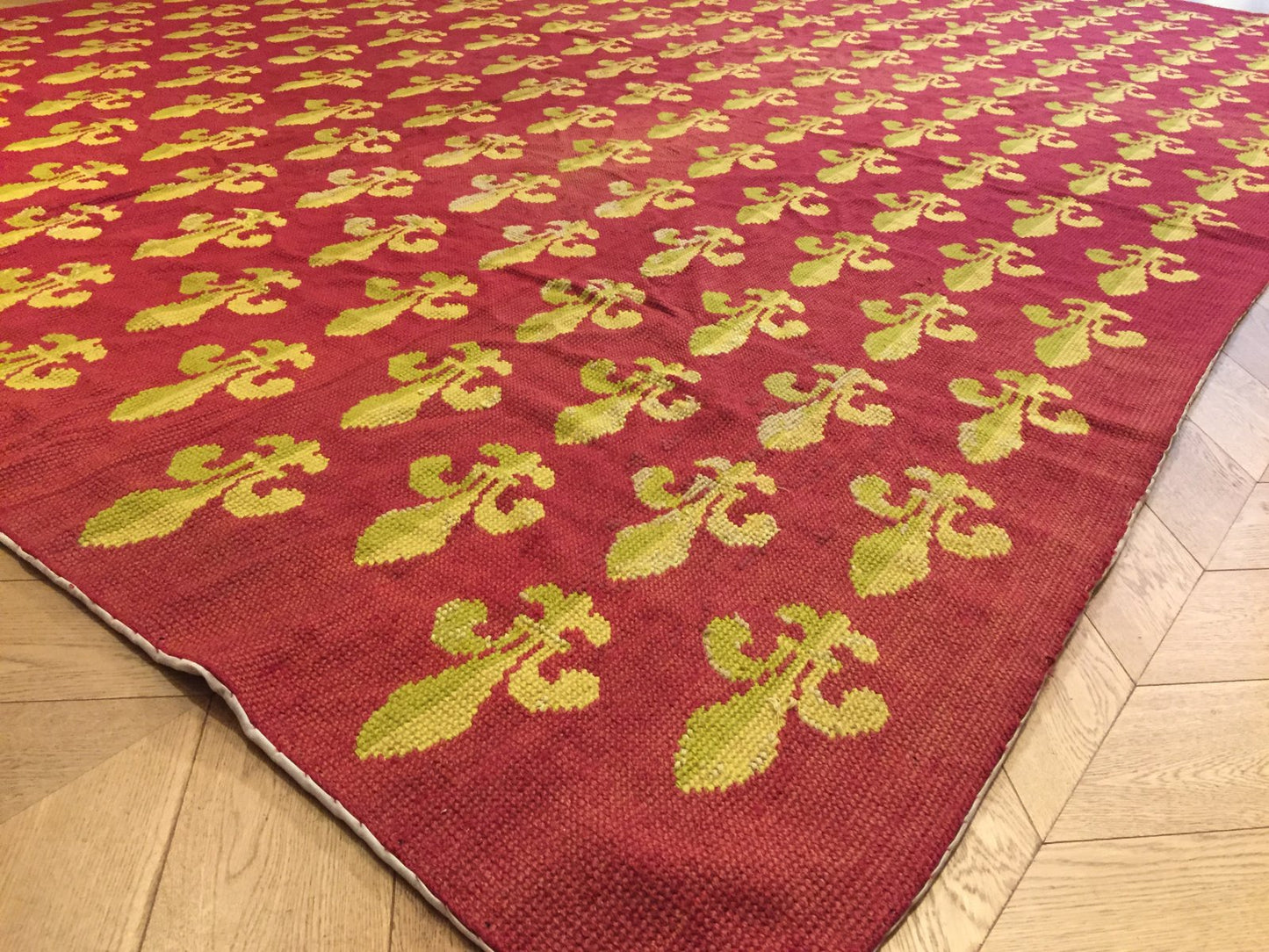 Antique Needlepoint Rug in Red Wool with French Lily, 1870s