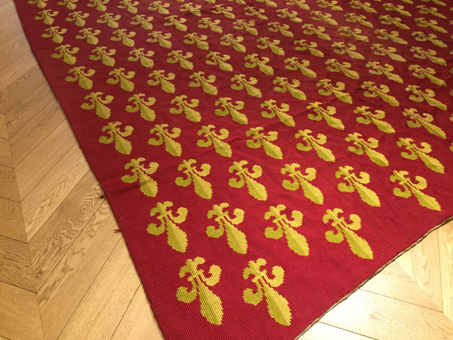 Antique Needlepoint Rug in Red Wool with French Lily, 1870s