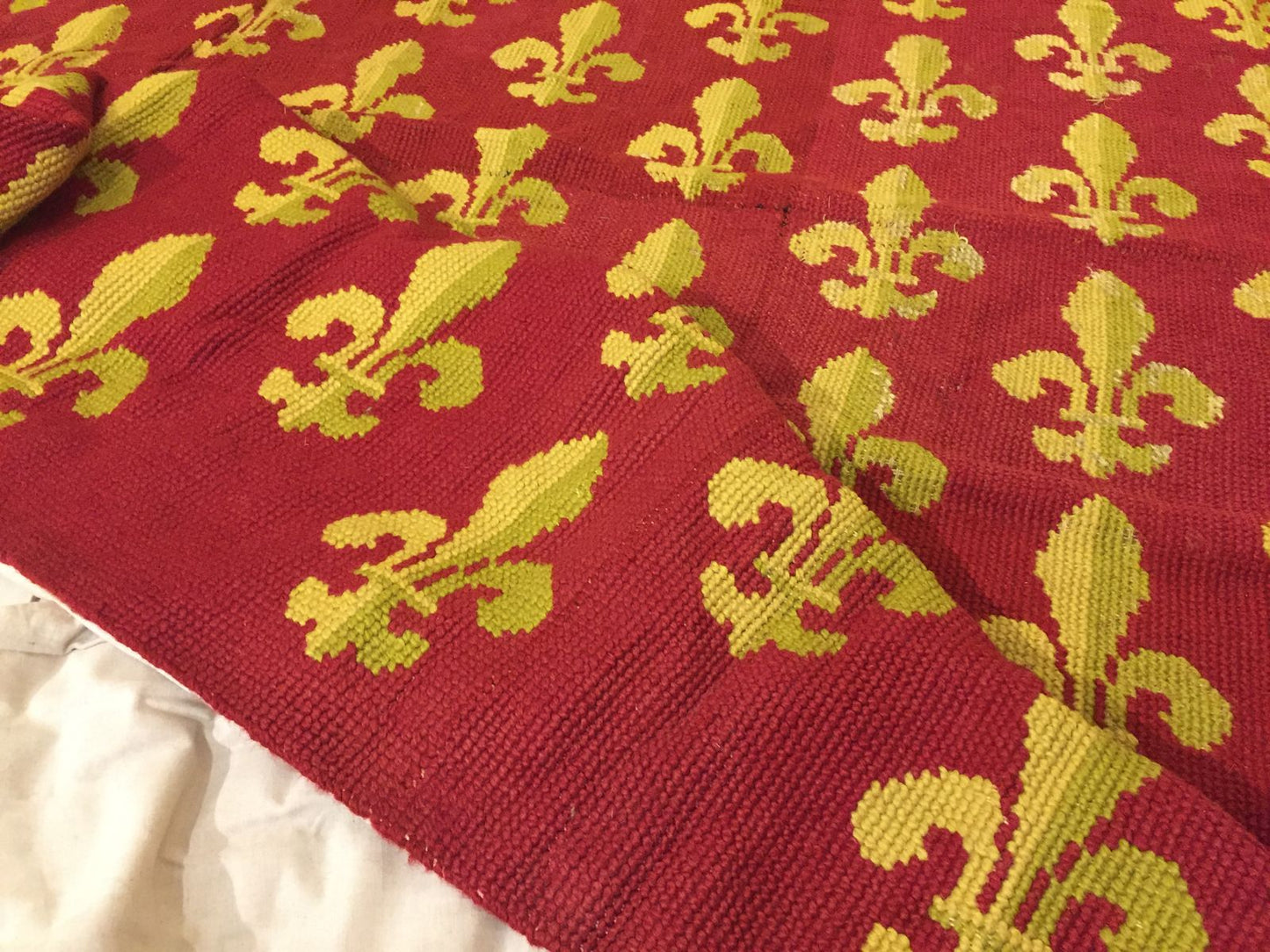 Antique Needlepoint Rug in Red Wool with French Lily, 1870s