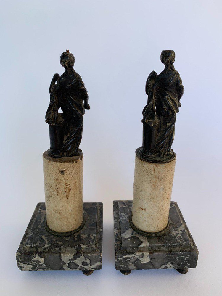 Antique Neoclassical Figures in Bronze and Gray Marble, Set of 2