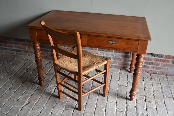 Antique Oak Writing Table with Chair, 1850, Set of 2-GTG-1735649