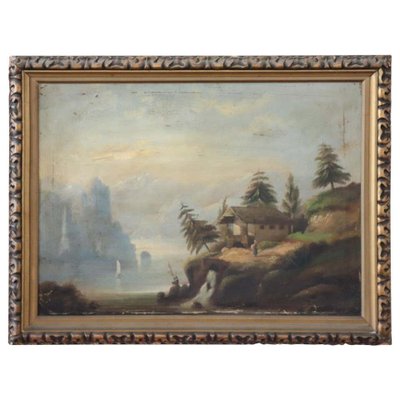 Antique Oil Painting on Canvas Depicting Lake Landscape-DCO-1031244