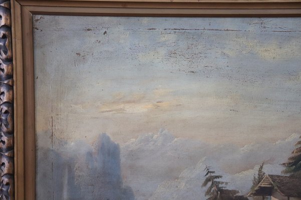 Antique Oil Painting on Canvas Depicting Lake Landscape-DCO-1031244