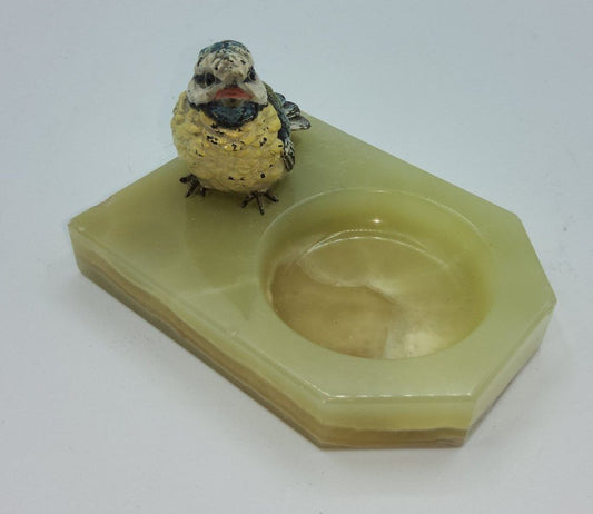 Antique Onyx Ashtray with Painted Bronze Bird