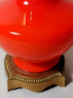 Antique Orange Opaline Glass and Gilded Brass Petroleum Lamp-QRS-681331