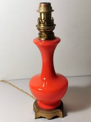 Antique Orange Opaline Glass and Gilded Brass Petroleum Lamp-QRS-681331