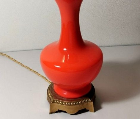 Antique Orange Opaline Glass and Gilded Brass Petroleum Lamp-QRS-681331