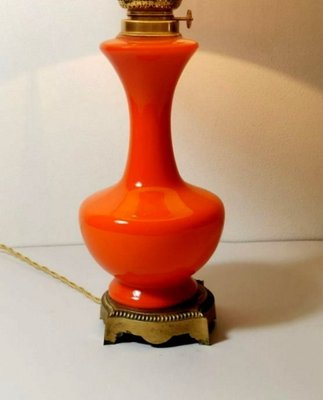 Antique Orange Opaline Glass and Gilded Brass Petroleum Lamp-QRS-681331