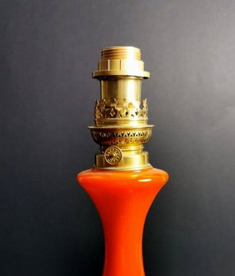 Antique Orange Opaline Glass and Gilded Brass Petroleum Lamp-QRS-681331