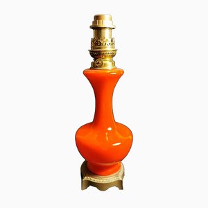 Antique Orange Opaline Glass and Gilded Brass Petroleum Lamp-QRS-681331