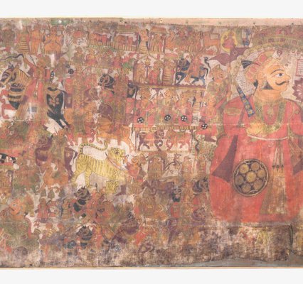 Antique Oriental and Large Painting on Canvas Mounted on Wood-SA-636364