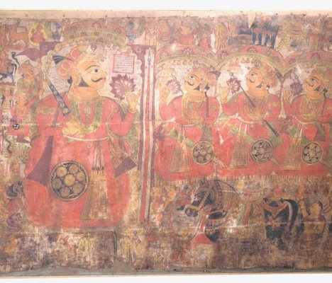 Antique Oriental and Large Painting on Canvas Mounted on Wood-SA-636364