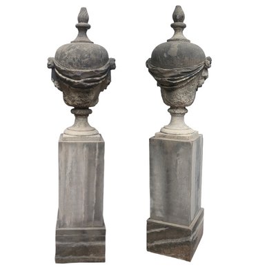 Antique Outdoor Stone Amphoras or Vases on Pedestals, Portugal, 18th Century, Set of 2-TCS-1393506