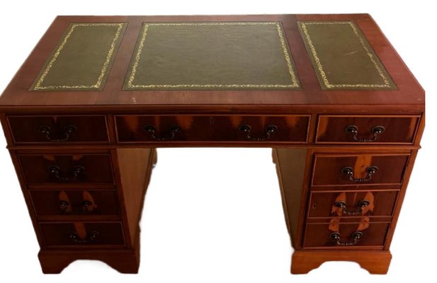 Antique Pedestal Desk with Green Leather Inlays-SZM-1764811