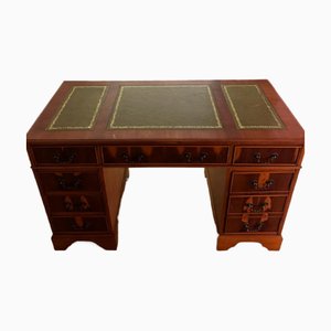 Antique Pedestal Desk with Green Leather Inlays-SZM-1764811