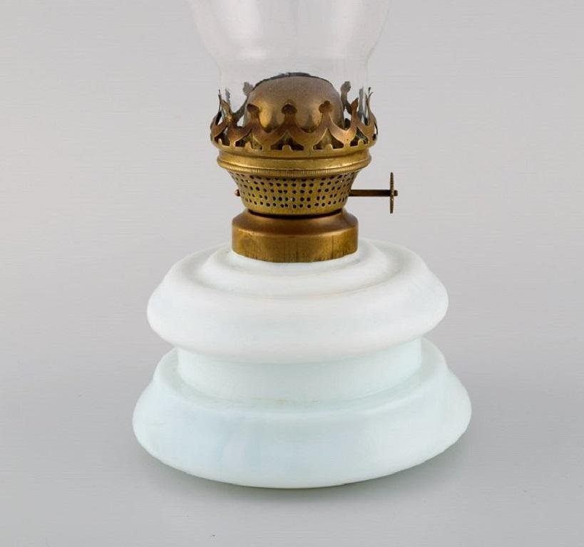 Antique Petroleum Burner and Lamp in Mouth-Blown Opal Art Glass, 1900s, Set of 2