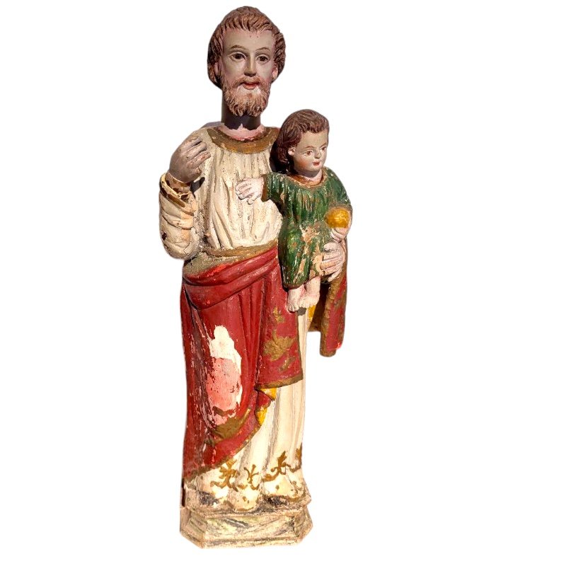 Antique Polychrome Religious Sculpture of St. Joseph with Child in Arm, Spain, 19th Century