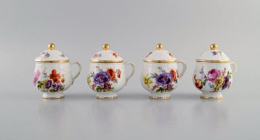 Antique Porcelain Cream Cups with Hand-Painted Flowers from Rörstrand, Set of 10