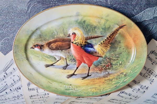 Antique Porcelain Hand-Painted Oval Serving Dish with Hunting Birds from Limoges-DVX-1287010