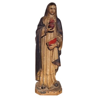 Antique Religious Carved Statue of Virgin with Sacred Heart and Book, Spain, 19th Century-TCS-1816431